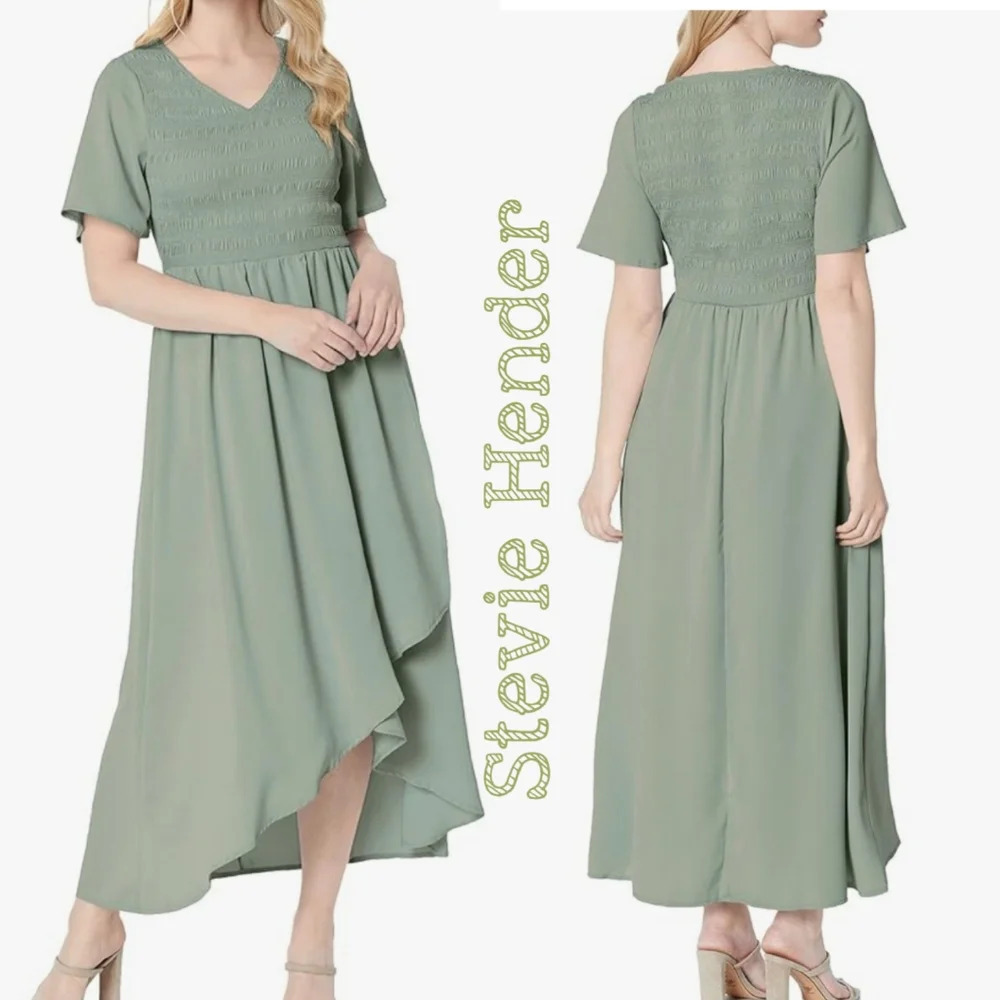 Stevie Hender Womens Patel Green Hi Low Flow Chiffon Smocked Dress Sz L